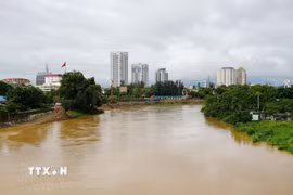 Mực nước sông Cầu đoạn chảy qua khu vực trung tâm tỉnh Thái Nguyên sáng 10/7/2026. (Ảnh: Hoàng Nguyên/TTXVN)