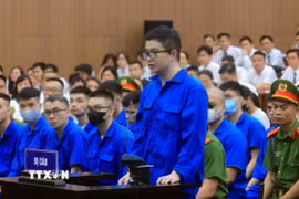 Bị cáo Phó Đức Nam (tức Mr Pips) khai báo trước toà. (Ảnh: Phạm Kiên/TTXVN)