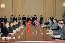 Chủ tịch nước Trần Đức Lương hội đàm với Chủ tịch Đoàn Chủ tịch Hội nghị Nhân dân tối cao Triều Tiên Kim Yong-Nam (Bình Nhưỡng, 3/5/2002). (Ảnh: Trọng Nghiệp/TTXVN) 