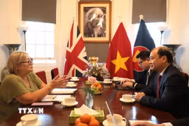Phó Giám đốc Thường trực Học viện Chính trị quốc gia Hồ Chí Minh Lê Hải Bình gặp Chủ tịch Đảng Cộng sản Anh Lorraine Douglas, tại London. (Ảnh: Hữu Tiến/TTXVN)