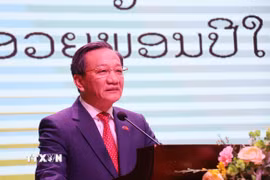 Đại sứ Việt Nam tại Lào Nguyễn Minh Tâm phát biểu tại sự kiện. (Ảnh: Xuân Tú/TTXVN)