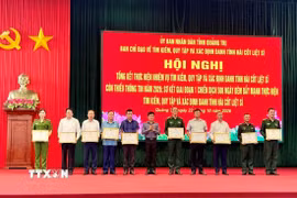 Đồng chí Lê Văn Bảo, Phó Chủ tịch Ủy ban Nhân dân tỉnh, Trưởng Ban Chỉ đạo tỉnh, trao Bằng khen cho các tập thể có thành tích xuất sắc trong công tác tìm kiếm, quy tập và xác định danh tính hài cốt liệt sỹ. (Ảnh: Võ Dung/TTXVN)