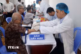Các y bác sỹ thực hiện lấy mẫu máu xét nghiệm cho người cao tuổi nhằm tầm soát sớm các bệnh lý mãn tính, dữ liệu được đồng bộ vào sổ sức khỏe điện tử quốc gia. Ảnh: Trung Kiên - TTXVN