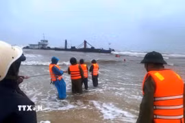 Các lực lượng tích cực ứng cứu, đưa các thuyền viên trên tàu gặp nạn vào bờ. (Ảnh: TTXVN phát)