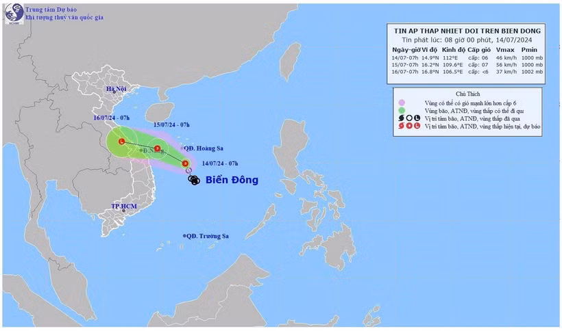 Hướng di chuyển của áp thấp nhiệt đới. (Ảnh: TTXVN phát)