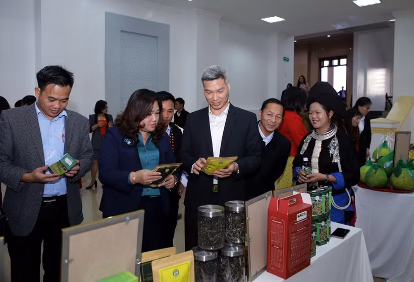 Các đại biểu tham quan gian trưng bày các sản phẩm được công nhận sản phẩm OCOP tỉnh Lai Châu năm 2020. (Ảnh: Quý Trung/TTXVN)