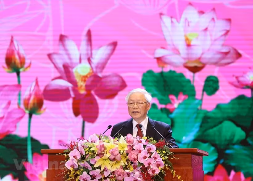 Tổng Bí thư, Chủ tịch nước Nguyễn Phú Trọng đọc diễn văn tại Lễ kỷ niệm. (Ảnh: PV/Vietnam+)