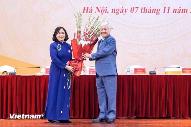  Hội nghị Đoàn Chủ tịch Ủy ban Trung ương Mặt trận Tổ Quốc Việt Nam lần thứ năm, khóa X hiệp thương cử bà Bùi Thị Minh Hoài giữ chức vụ Chủ tịch Ủy ban Trung ương MTTQ Việt Nam khóa X, nhiệm kỳ 2024 - 2029. (Ảnh: PV/Vietnam+)