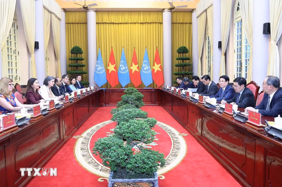 Chủ tịch nước Lương Cường tiếp bà Pauline Tamesis, Điều phối viên Thường trú và các Trưởng đại diện các tổ chức của Liên hợp quốc tại Việt Nam. (Ảnh: Lâm Khánh/TTXVN)