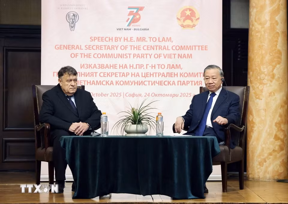 Tổng Bí thư Tô Lâm tại Đại học Sofia. (Ảnh: Thống Nhất/TTXVN)