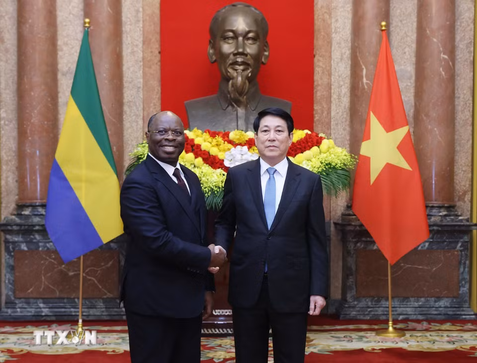 Chủ tịch nước Lương Cường với Đại sứ Cộng hòa Gabon tại Việt Nam Baudelaire Ndong Ella trình Quốc thư. (Ảnh: Lâm Khánh/TTXVN)
