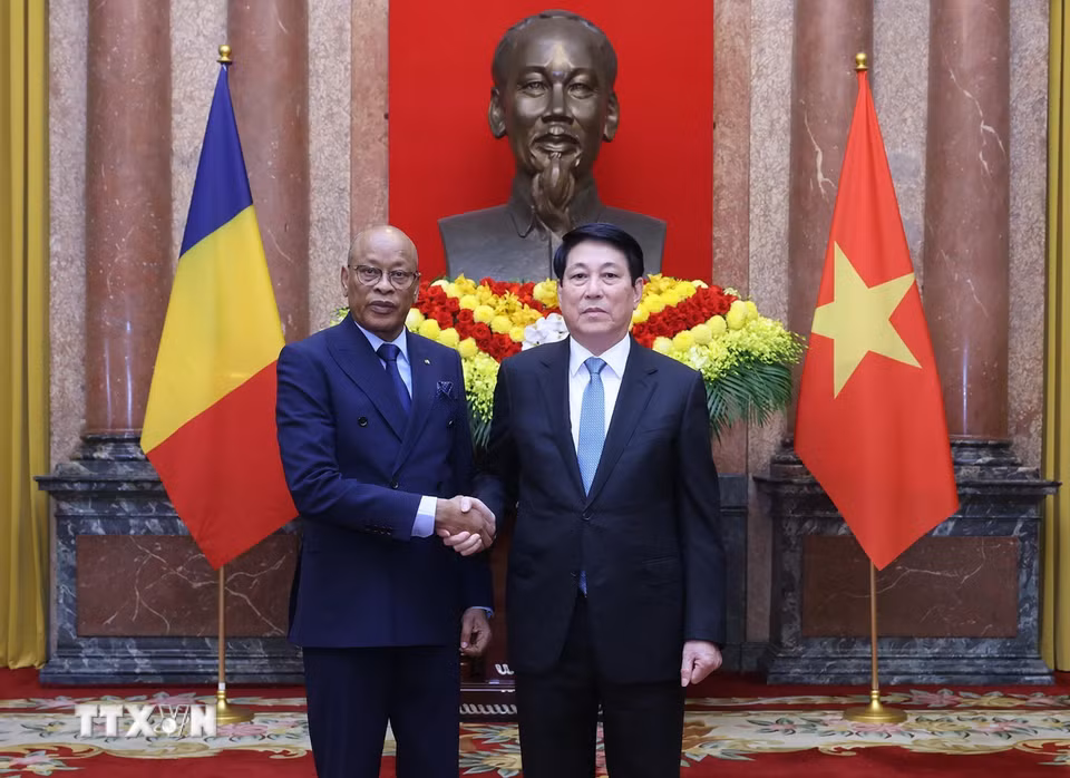 Chủ tịch nước Lương Cường với Đại sứ Cộng hòa Chad tại Việt Nam Abakar Saleh Chahaimi trình Quốc thư. (Ảnh: Lâm Khánh/TTXVN)