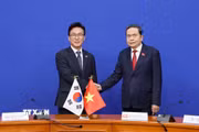 Chủ tịch Quốc hội Trần Thanh Mẫn tiếp Chủ tịch Đảng Dân chủ Đồng hành (DPK) Kim Min Seok. (Ảnh: Doãn Tấn/TTXVN)