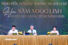 Ban tổ chức Lễ hội sâm Ngọc Linh và dược liệu quốc tế Đà Nẵng 2026 trả lời báo chí tại buổi họp báo. (Ảnh: Thanh Phong/Vietnam+)