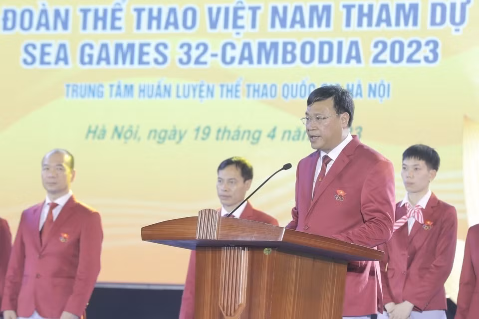 Ông Đặng Hà Việt, Tổng cục trưởng Tổng cục Thể dục Thể thao, Trưởng đoàn Thể thao Việt Nam, tham dự SEA Games 32 phát biểu. (Ảnh: Minh Quyết/TTXVN)