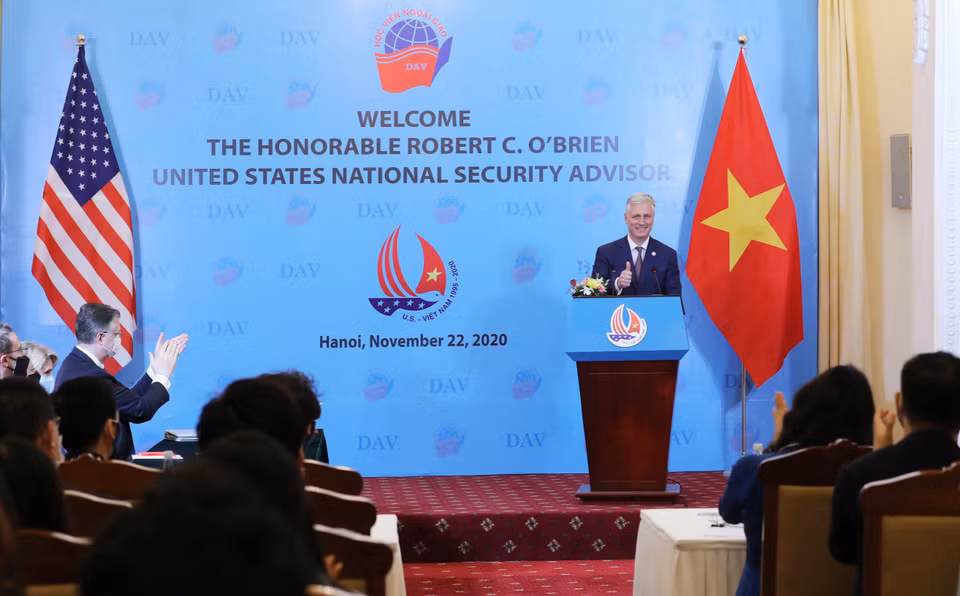 Cố vấn An ninh Quốc gia Mỹ Robert O’Brien tại buổi nói chuyện với sinh viên Học viên Ngoại giao. (Ảnh: Lâm Khánh/TTXVN)