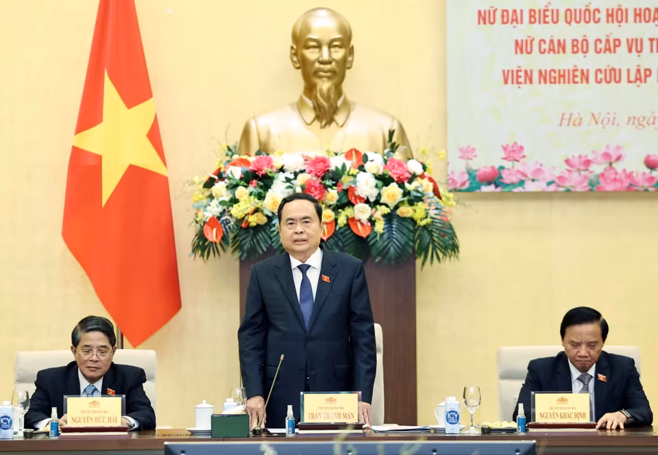 Chủ tịch Quốc hội Trần Thanh Mẫn phát biểu tại buổi gặp mặt. (Ảnh: Thống Nhất/TTXVN)