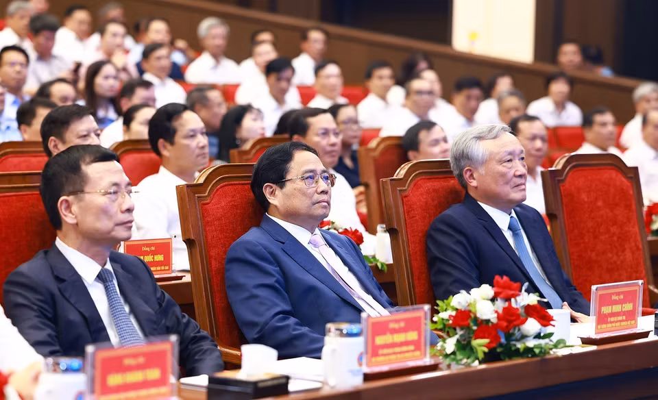 Thủ tướng Phạm Minh Chính dự Hội nghị giới thiệu mô hình chuyển đổi số thành công cấp bộ, ngành. (Ảnh: Dương Giang/TTXVN)