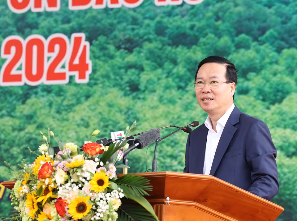 Chủ tịch nước Võ Văn Thưởng phát biểu tại Lễ phát động Tết trồng cây “Đời đời nhớ ơn Bác Hồ” Xuân Giáp Thìn 2024. (Ảnh: Thống Nhất/TTXVN)