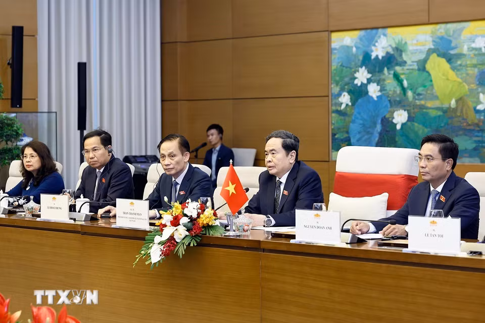 Chủ tịch Quốc hội Trần Thanh Mẫn phát biểu tại hội đàm. (Ảnh: Doãn Tấn/TTXVN)