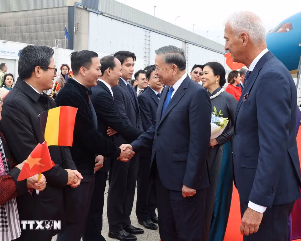 Cán bộ, nhân viên Đại sứ quán và cộng đồng người Việt Nam đón Tổng Bí thư, Chủ tịch nước Tô Lâm và Phu nhân Ngô Phương Ly tại Sân bay quân sự Melsbroek, Brussels. (Ảnh: Thống Nhất/TTXVN)