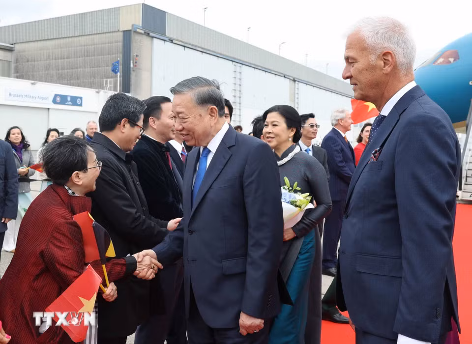 Cán bộ, nhân viên Đại sứ quán và cộng đồng người Việt Nam đón Tổng Bí thư, Chủ tịch nước Tô Lâm và Phu nhân Ngô Phương Ly tại Sân bay quân sự Melsbroek, Brussels. (Ảnh: Thống Nhất/TTXVN)