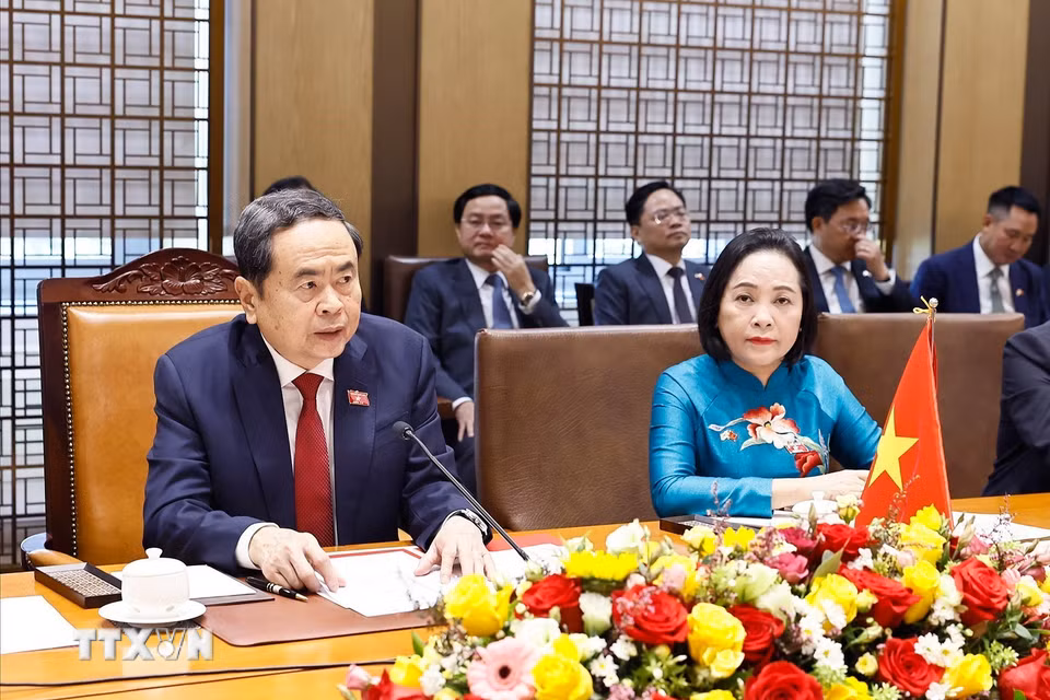 Chủ tịch Quốc hội Trần Thanh Mẫn hội đàm với Chủ tịch Quốc hội Đại Hàn Dân Quốc Cho Jeong Sik. (Ảnh: Doãn Tấn/TTXVN)