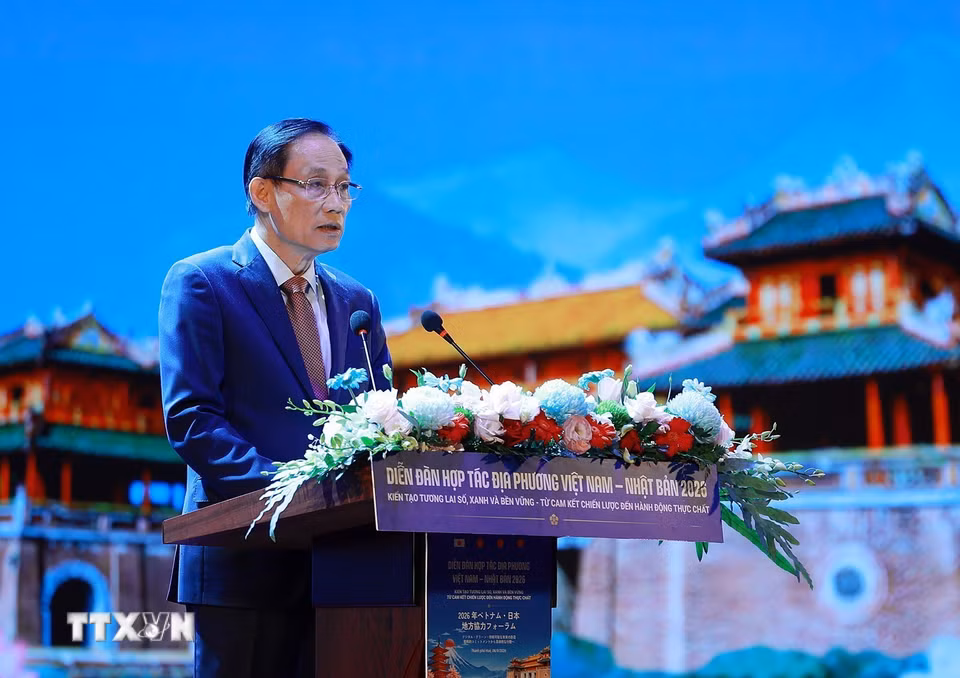 Bộ trưởng Ngoại giao Lê Hoài Trung phát biểu khai mạc Diễn đàn Hợp tác địa phương Việt Nam-Nhật Bản năm 2026. (Ảnh: Dương Giang/TTXVN)