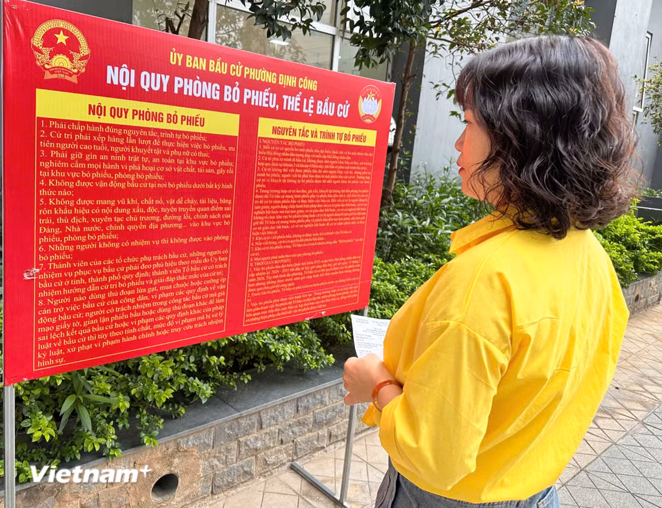 Cử tri tại khu vực bỏ phiếu số 4, phường Định Công, Hà Nội nghiên cứu Nội quy phòng bỏ phiếu, thể lệ bầu cử. (Ảnh: Trí Đức/Vietnam+)