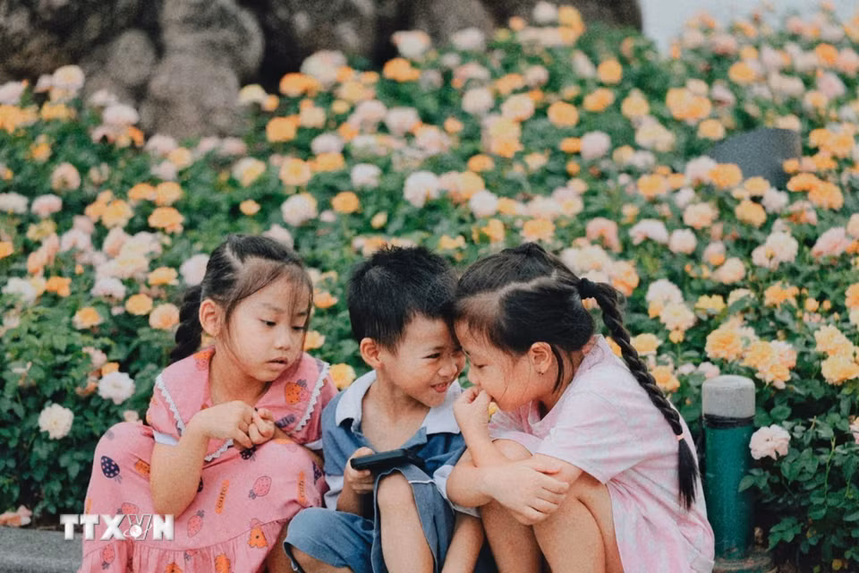 Các em nhỏ quây quần vui chơi bên thảm hoa ven hồ Hoàn Kiếm, tận hưởng không gian xanh giữa lòng Thủ đô. (Ảnh: Phạm Tuấn Anh/TTXVN)