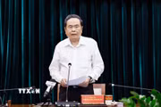 Ủy viên Bộ Chính trị, Chủ tịch Quốc hội Trần Thanh Mẫn, Trưởng Đoàn kiểm tra, giám sát số 220 của Bộ Chính trị phát biểu. (Ảnh: Doãn Tấn/TTXVN)