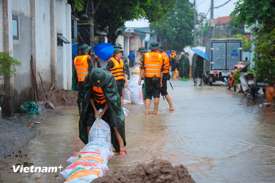 Lực lượng quân đội hỗ trợ người dân đắp đê ngăn lũ. (Ảnh: Hoài Nam/Vietnam+)