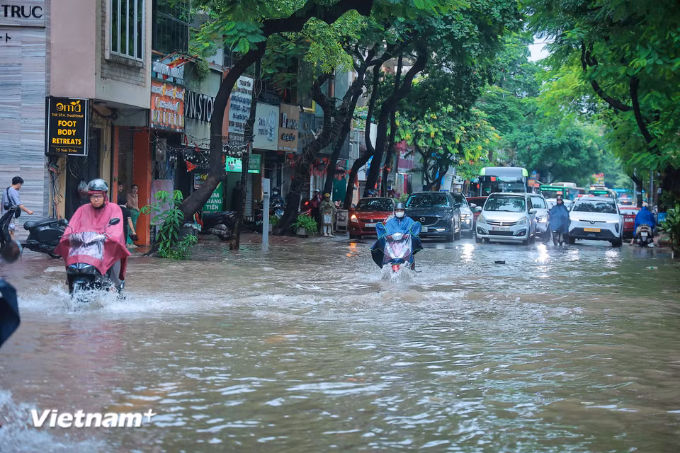 Nhiều phương tiện chôn chân không dám di chuyển qua đoạn ngập nước. (Ảnh: Hoài Nam/Vietnam+)