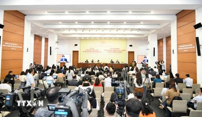 Quang cảnh họp báo về kỳ họp thứ nhất Quốc hội khóa XVI. (Ảnh: TTXVN phát)