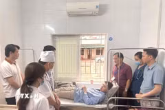Đoàn công tác Sở Y tế Nghệ An thăm hỏi, động viên các bệnh nhân bị ngộ độc tại Bệnh viện Đa khoa Diễn Châu. (Ảnh: TTXVN phát)