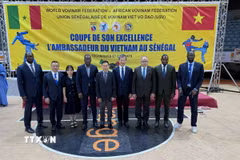 Đoàn đại biểu do Đại sứ Trần Quốc Khánh và Chủ tịch WVVF Mai Hữu Tín dẫn đầu cùng các lãnh đạo của USV tại lễ khai mạc vòng chung kết Giải Vovinam Cúp Đại sứ Việt Nam tại Senegal 2025. (Ảnh: TTXVN phát)