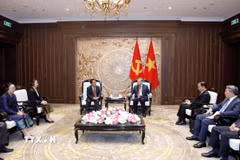 Tổng Bí thư, Chủ tịch nước Tô Lâm tiếp Ủy viên Bộ Chính trị, Phó Thủ tướng, Bộ trưởng Bộ Tư pháp Lào Khamphan Phommathat. (Ảnh: Thống Nhất/TTXVN)