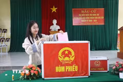 Cử tri Lê Thị Thắm, thôn 12, xã Thạch Hà, Hà Tĩnh háo hức với lần đầu tiên đi bầu cử. (Ảnh: Hoàng Ngà/TTXVN)