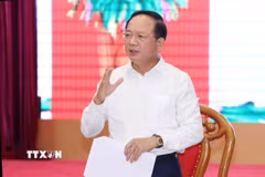 Đồng chí Trịnh Văn Quyết, Ủy viên Bộ Chính trị, Bí thư Trung ương Đảng, Trưởng Ban Tuyên giáo và Dân vận Trung ương phát biểu chỉ đạo buổi làm việc. (Ảnh: Phương Hoa/TTXVN)
