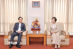Đồng chí Vũ Việt Trang, Ủy viên Ban Thường vụ Đảng ủy các cơ quan Đảng Trung ương, Bí thư Đảng ủy, Tổng giám đốc TTXVN, Phó Trưởng Ban Tuyên giáo Trung ương hội kiến đồng chí Hoàng Minh Sơn, Ủy viên Trung ương Đảng, Bộ trưởng Bộ Giáo dục và Đào tạo trước Tọa đàm. (Ảnh: Minh Quyết/TTXVN)