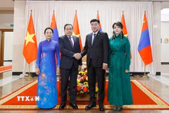 Chủ tịch Quốc hội Trần Thanh Mẫn và Phu nhân cùng Chủ tịch Quốc hội Mông Cổ Sandag Byambatsogt và Phu nhân chụp ảnh chung. (Ảnh: Doãn Tấn/TTXVN)