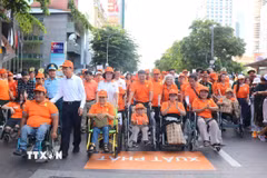 Các đại biểu cùng đông đảo người dân Thành phố Hồ Chí Minh tham gia đi bộ đồng hành "Vì nạn nhân chất độc da cam." (Ảnh: Thanh Vũ/TTXVN)