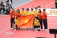 Đội tuyển cầu mây nữ Việt Nam bảo vệ thành công tấm HCV từng giành được tại ASIAD. (Ảnh: TTXVN phát)