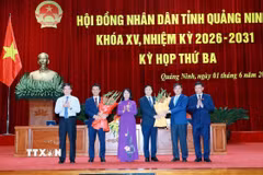 Ông Nguyễn Hồng Dương (thứ 2, từ trái sang) được bầu giữ chức Phó Chủ tịch HĐND tỉnh. (Ảnh: Văn Đức/TTXVN)