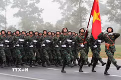 Khối lục quân tham gia hợp luyện chuẩn bị cho Lễ kỷ niệm 50 năm Giải phóng miền Nam, thống nhất đất nước. (Ảnh: Trọng Đức/TTXVN)