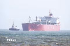 Tàu chở dầu khí tự nhiên hóa lỏng di chuyển qua eo biển Hormuz. (Ảnh: ANI/TTXVN)