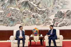 Đại sứ Việt Nam tại Trung Quốc Phạm Thanh Bình (trái) hội kiến ông Trần Cương, Ủy viên Trung ương Đảng Cộng sản Trung Quốc, Bí thư Đảng ủy Khu tự trị dân tộc Choang Quảng Tây. (Ảnh: TTXVN phát)