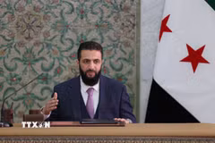 Tổng thống Syria Ahmad al-Sharaa phát biểu tại Damascus. (Ảnh: AA/TTXVN phát)