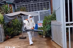 Lực lượng y tế phun độc, khử trùng, dọn dẹp loăng quăng. (Ảnh: TTXVN)