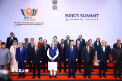 Thủ tướng Lê Minh Hưng cùng các Trưởng đoàn tham dự Hội nghị thượng đỉnh BRICS lần thứ 18 tại Ấn Độ. (Ảnh: Dương Giang/TTXVN)